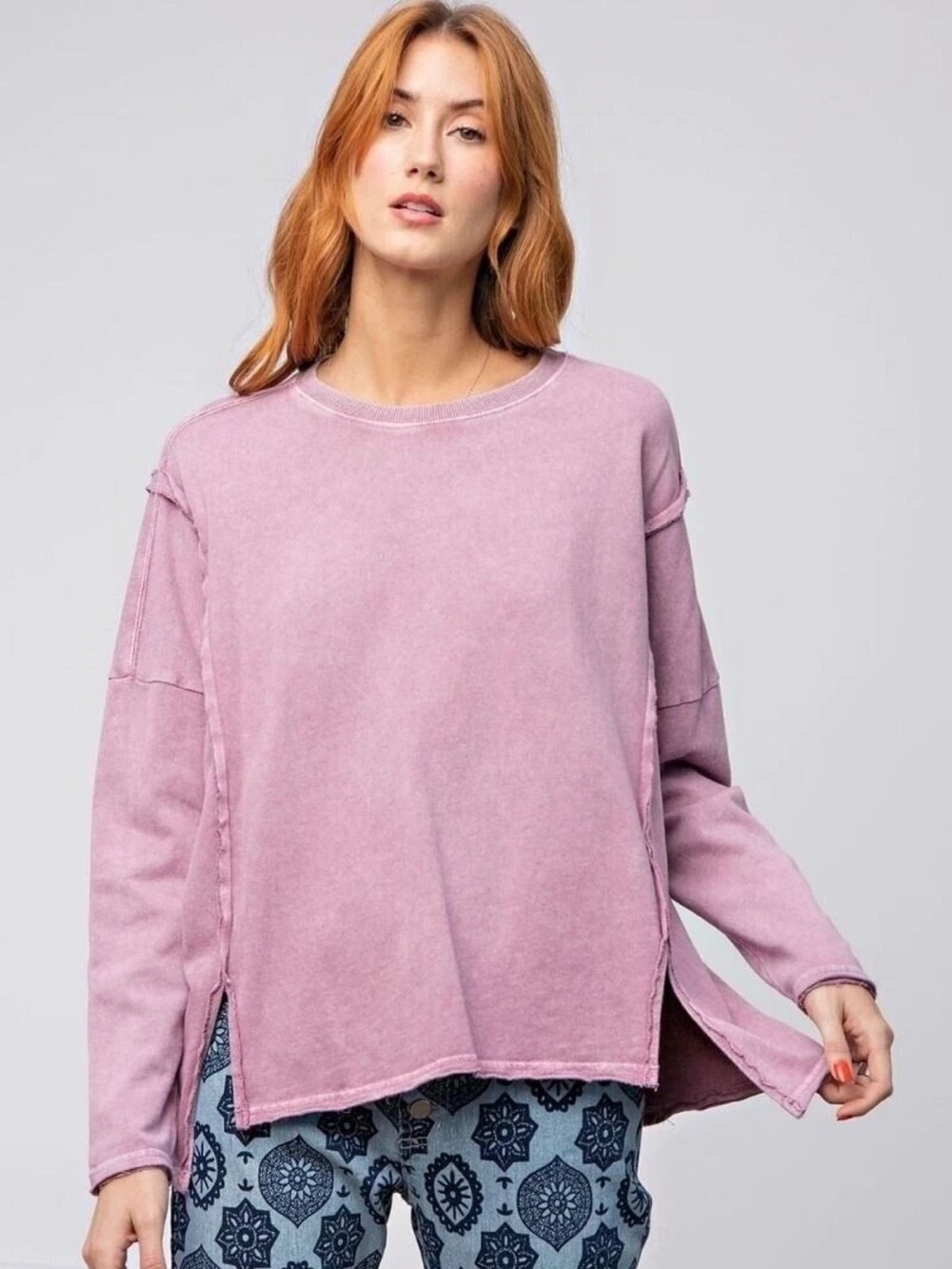 Easel Mineral Wash Gray Oversized Pullover Sweatshirt Raw Hem Medium